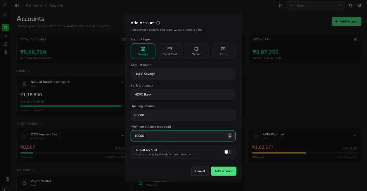 The add-account form in BudgetBliss offering savings, credit card, wallet and cash types, with name, bank and opening-balance fields